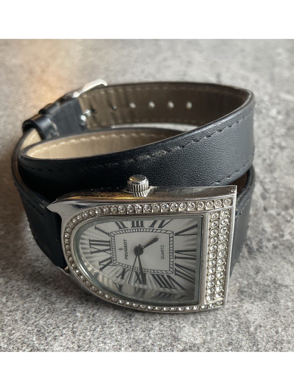 Peugeot Womens Watch 28mm Silver Tone Double Wrap Band Crystal Accent Bezel BN